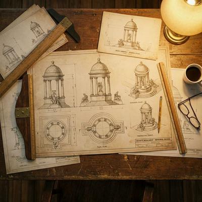 architectural blueprints and sketches for a beautiful, elegant granite monument on a drafting table