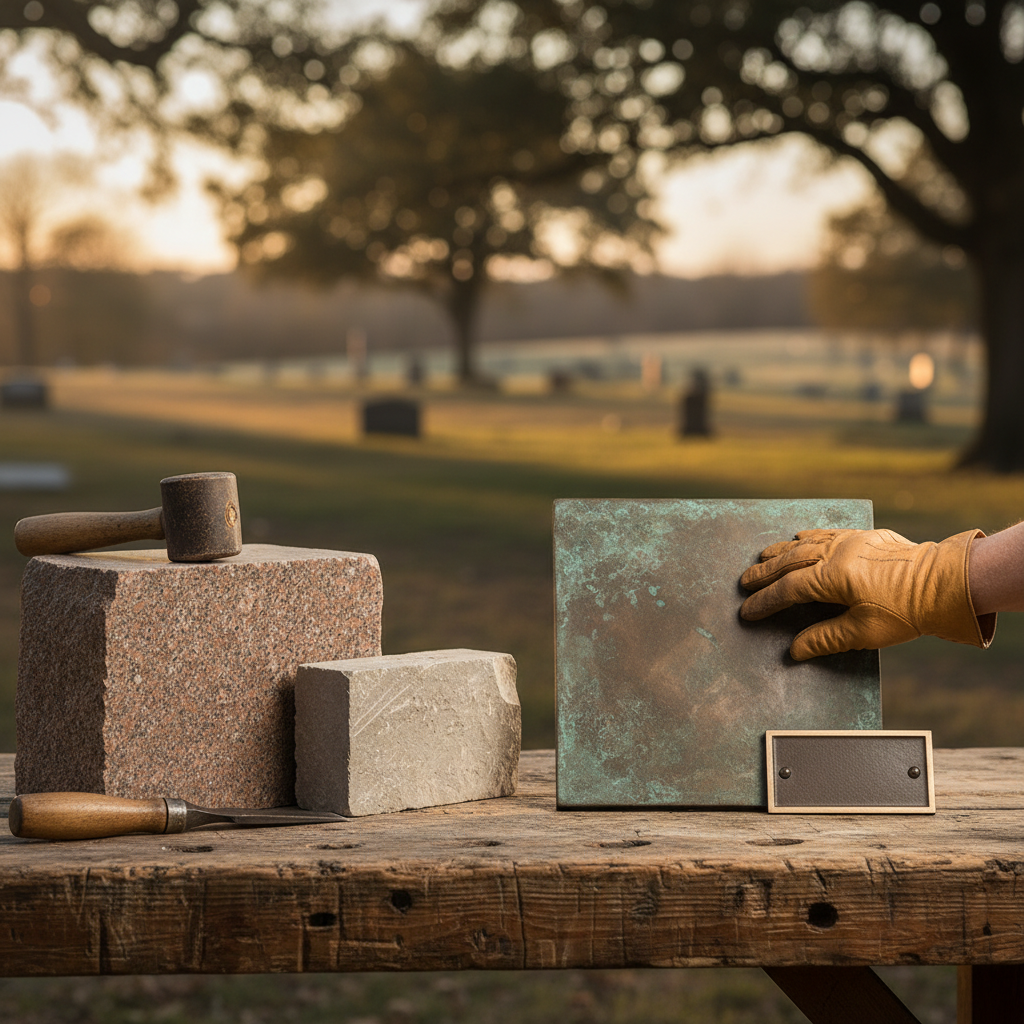 Solid granite headstone in a serene landscape, symbolizing enduring memory and skilled craftsmanship.