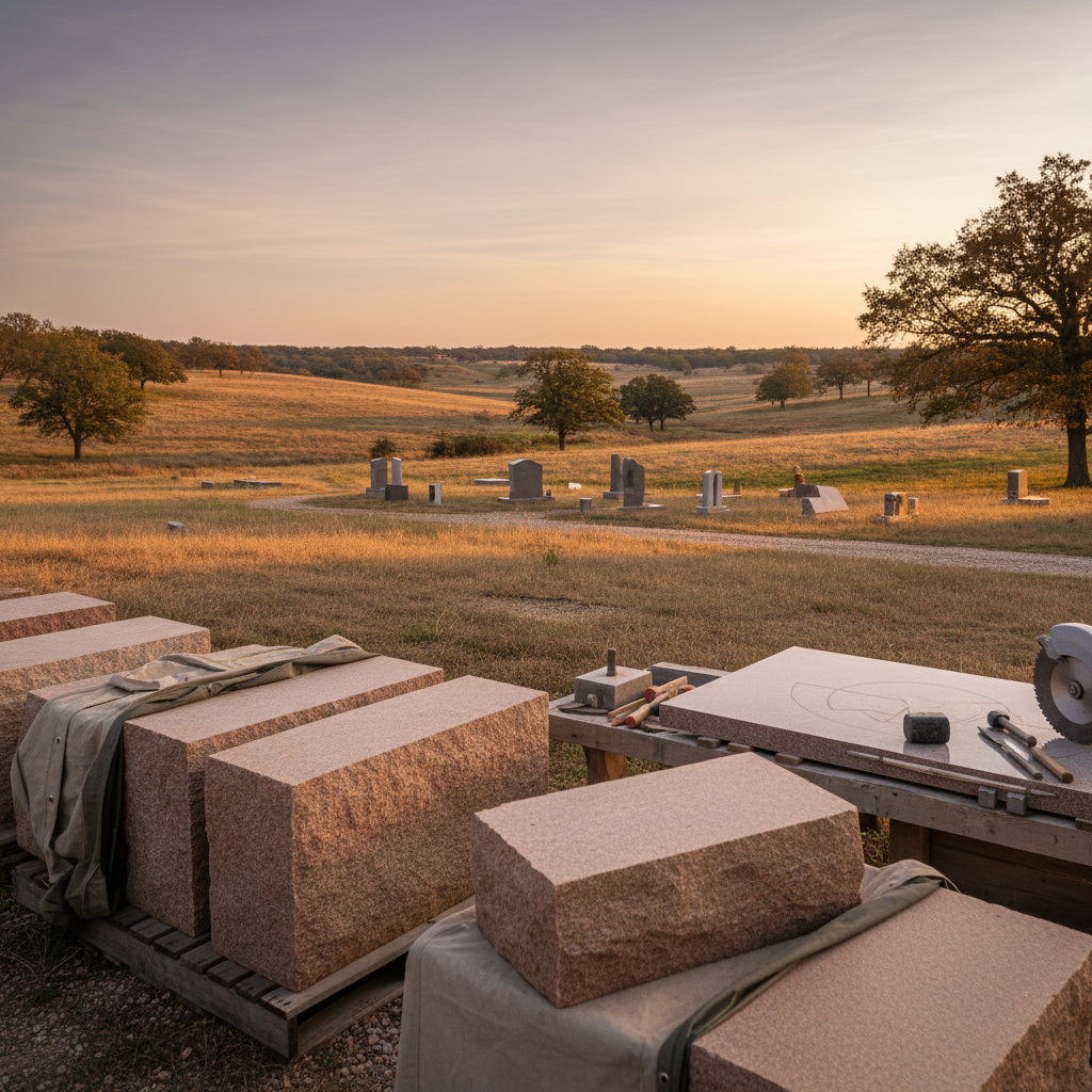 Oklahoma landscape with a custom-engraved granite memorial, symbolizing thoughtful pre-need planning and lasting legacy.