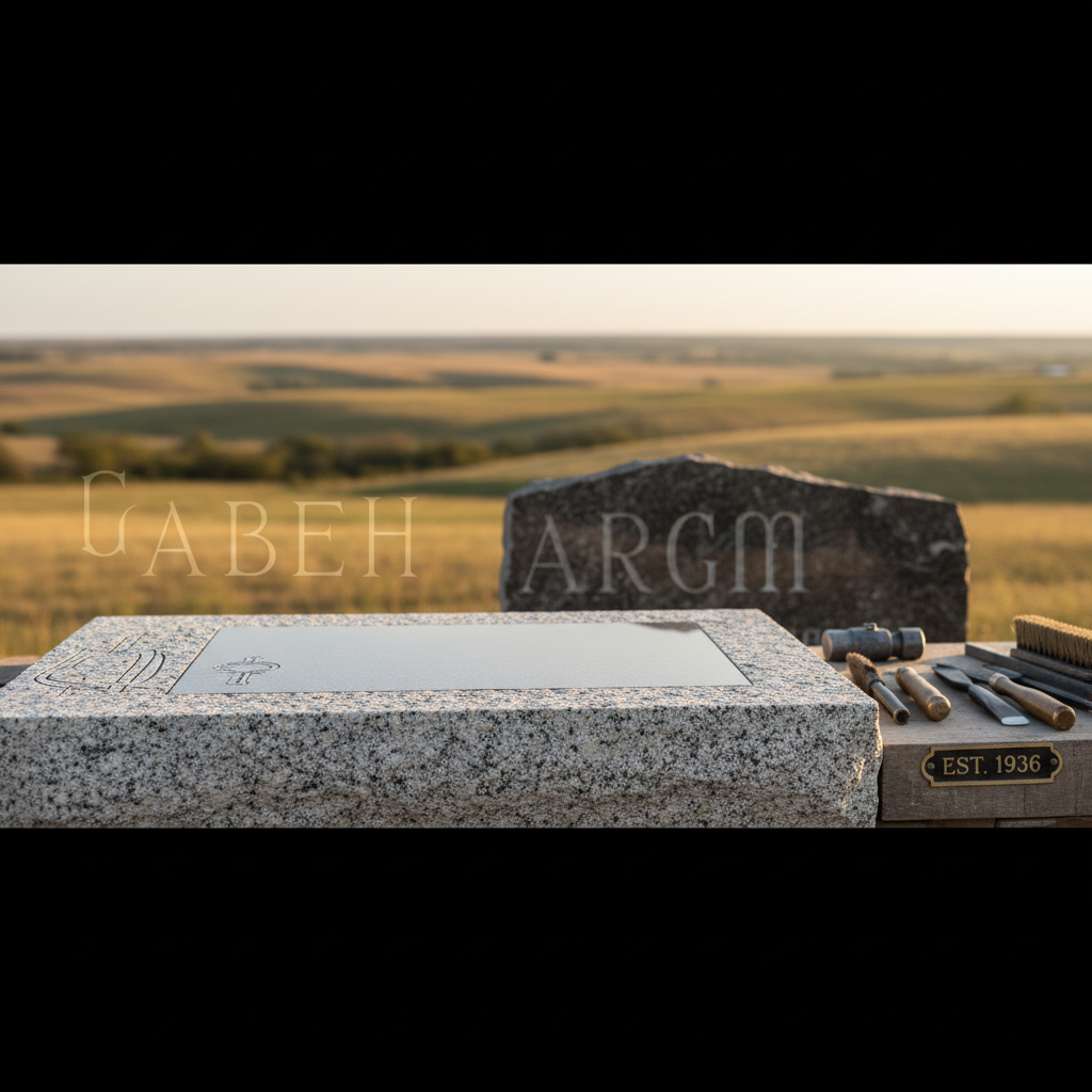 A close view of etched lettering on a dark granite monument with a blurred green landscape behind it.