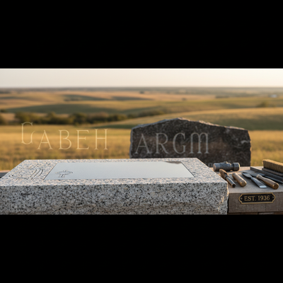 A close view of etched lettering on a dark granite monument with a blurred green landscape behind it.