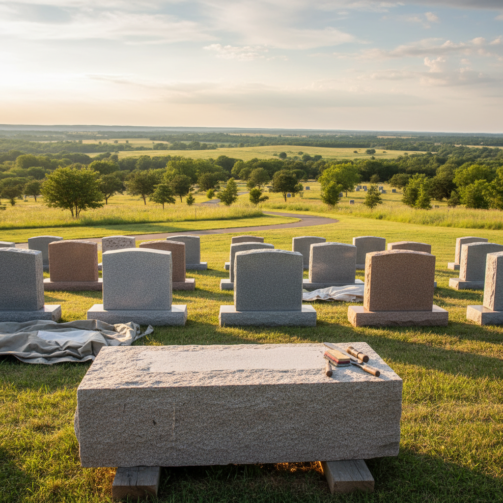 Oklahoma cemetery headstone approval process (granite monument in a serene landscape, commemorating enduring legacies).