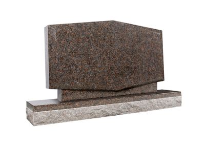 A modern abstract headstone made of polished brown granite with shimmering specks. The design features an asymmetrical cut in the center and rests on a lighter gray, rough-finished base.