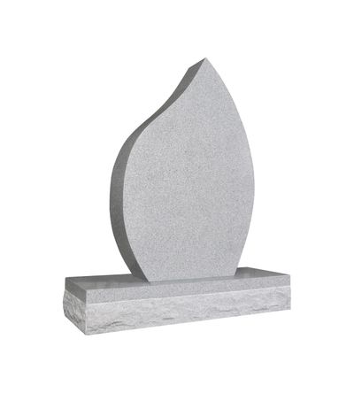 A modern granite memorial featuring a flame or teardrop-shaped upright tablet with a polished finish, resting on a wider, rock-faced granite base. The design is contemporary and sleek.