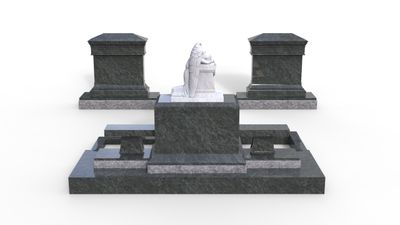 A detailed sculpture of a grief-stricken angel kneeling and resting her head on a memorial, crafted from light-colored stone, set within a larger dark marble monument. This intricate religious artwork symbolizes deep sorrow and eternal remembrance, often chosen for grand mausoleums and family plots.
