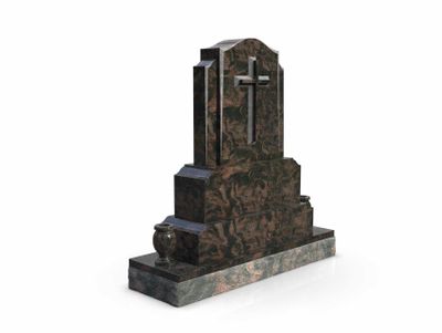A detailed upright memorial monument made of dark, patterned granite, featuring a recessed Latin cross carving on its face. The monument stands on multiple tiered bases with one decorative vase, ideal for a dignified religious commemoration. This design is perfect for those seeking a traditional and reverent tribute.