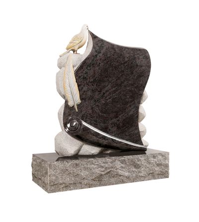 A detailed memorial artwork featuring a granite scroll with a dove perched on top and a feather lying beside it, symbolizing peace, remembrance, and the spiritual journey. Ideal for headstones and monuments.