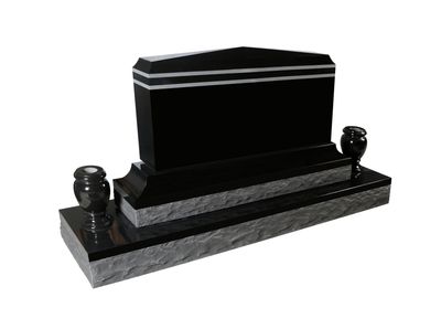 A modern, polished black granite upright headstone with two horizontal white line engravings near the top. It features a sleek base and two matching black granite flower vases, all set on a rough light grey granite foundation.