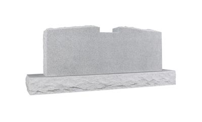 A blank, light grey granite upright headstone with natural, rugged edges on both the monument and its matching base. The top of the headstone features an intriguing, irregular carved-out section, providing a unique canvas for custom engraving. The base has a rock pitched finish, adding to its natural aesthetic.