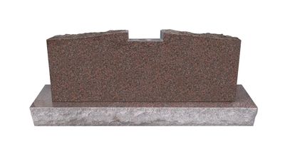 A robust headstone made of polished red granite with a rugged, rock-pitched top edge. The memorial sits on a rough-hewn gray granite base, an ideal choice for durable and elegant remembrance. Perfect for a lasting tribute.