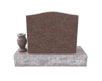 A reddish-brown polished granite upright headstone with a subtly curved top, positioned on a lighter gray granite base. A matching granite floral vase sits to the left of the main upright stone, ready for flowers.