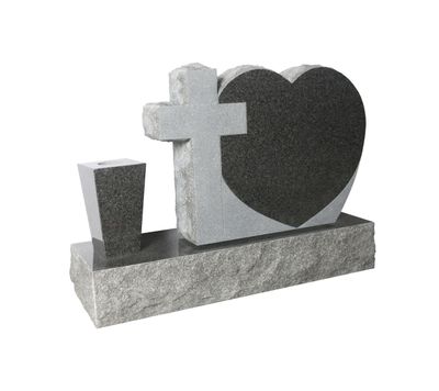 A modern grey granite headstone featuring a prominent heart shape and a cross, with a darker polished granite inlay for the heart. An accompanying tapered dark granite vase completes this contemporary and symbolic memorial design.