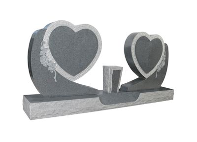 A gray double heart-shaped headstone with intricate rose and foliage engravings on the outer edges. The central panels of the hearts are recessed, providing space for inscriptions, bordered by a polished outline. This design is ideal for memorials commemorating two individuals.