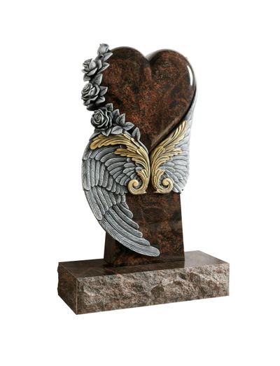A detailed memorial artwork featuring a heart, adorned with delicately carved roses cascading down one side. Elegant angelic wings extend from the base of the heart, featuring both silver and gold detailing for a rich, commemorative look.