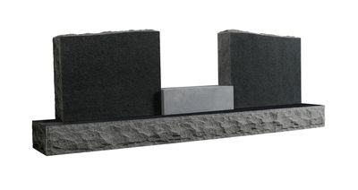 A companion upright monument featuring two polished black granite tablets with natural rock pitch edges, flanking a smaller gray granite inlay, all set upon a rustic-faced gray granite base. This elegant and durable design is suitable for commemorating two individuals.